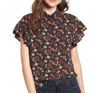 Bp Nordstrom Floral Button Up Blouse Black Pink S Feminine Ruffles Lightweight